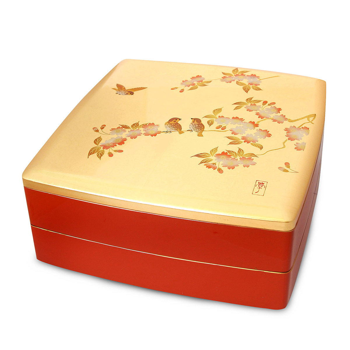 ミタニ 山中漆器 日本製 24cm 方型 金箔花鳥 2層漆器全盒 -M13170-3