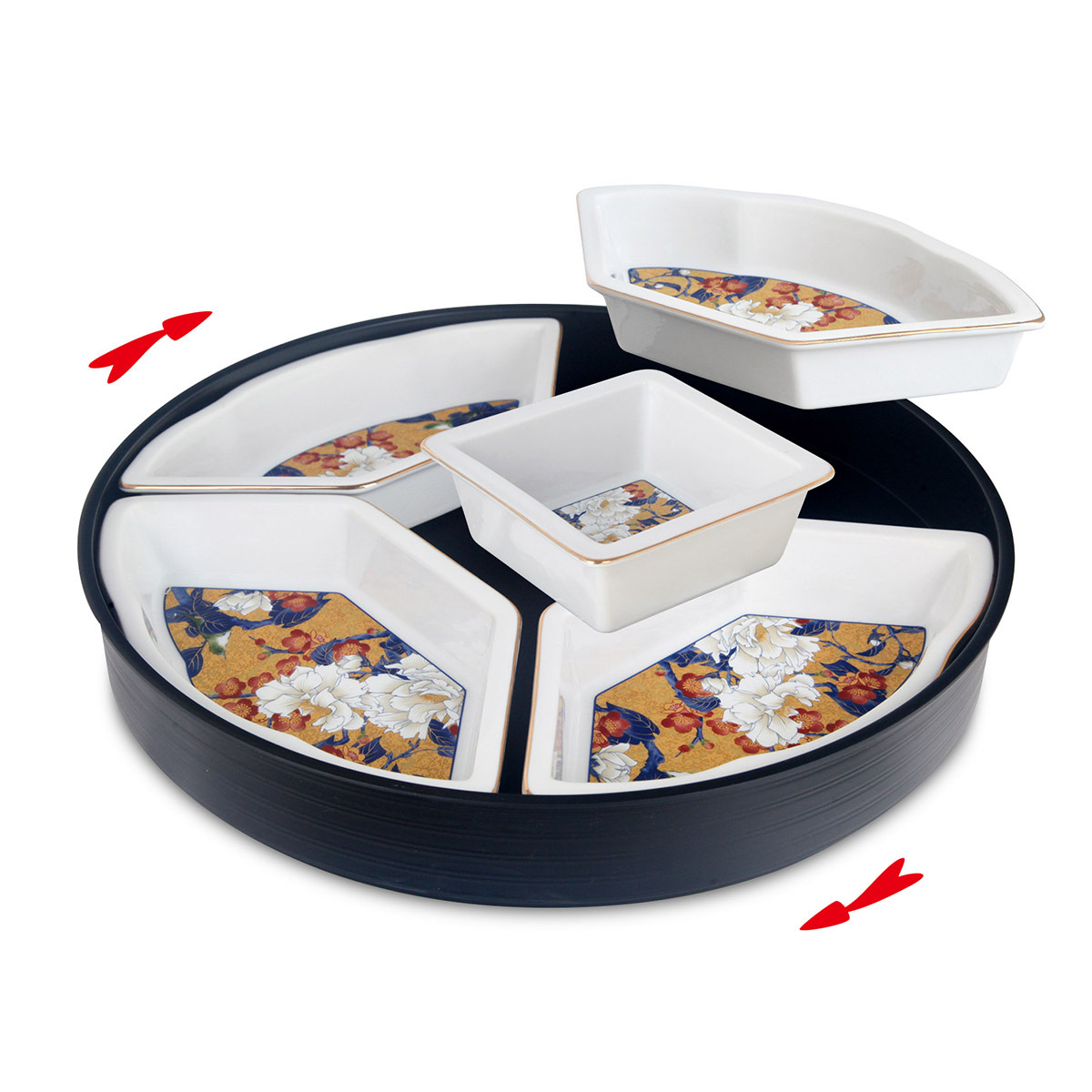 日本 有田燒 D37cm 5格 瓷器 旋轉全盒連透明蓋 -8339