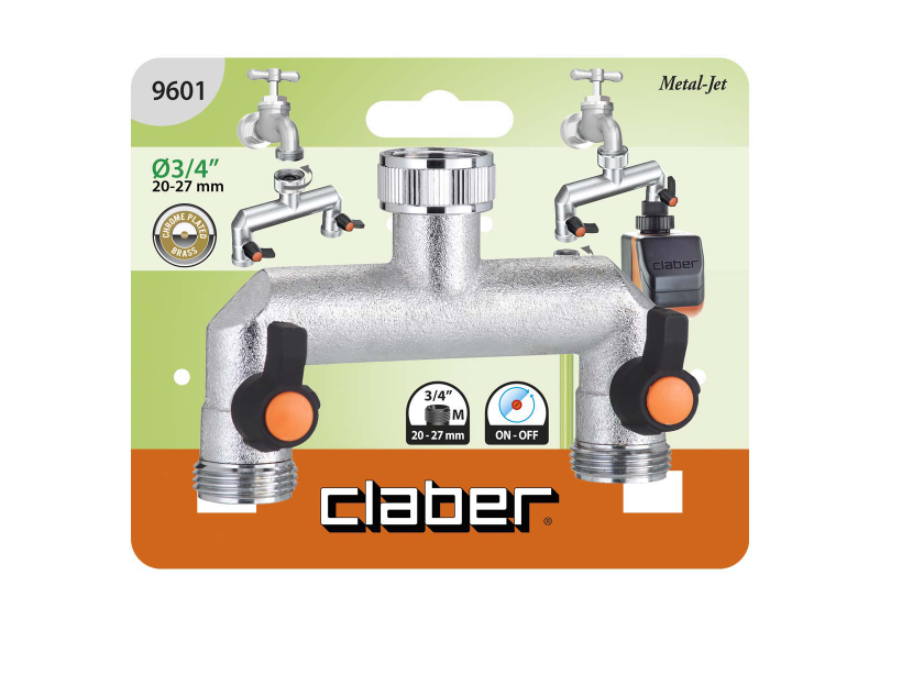 意大利"CLABER" 銅電叻3/4"外牙1出2龍頭接頭(快速)-[9601]