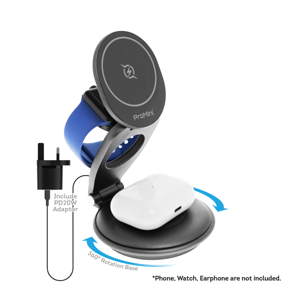 (限量陳列品·只限門市選購！)ProMini MagW3R 磁吸三合一360°摺疊式無線快充座連火牛