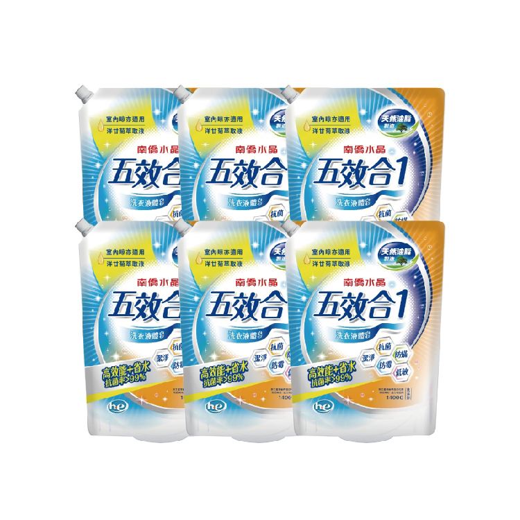 五效合一洗衣液體皂1400g鎖蓋軟罐包X6(箱購)
