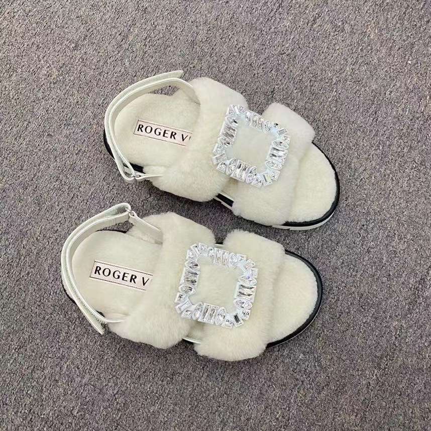 RV 方鑽扣 毛毛厚底涼鞋 白色 -M