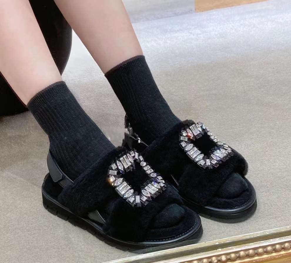 RV 方鑽扣 毛毛厚底涼鞋 黑色 -M