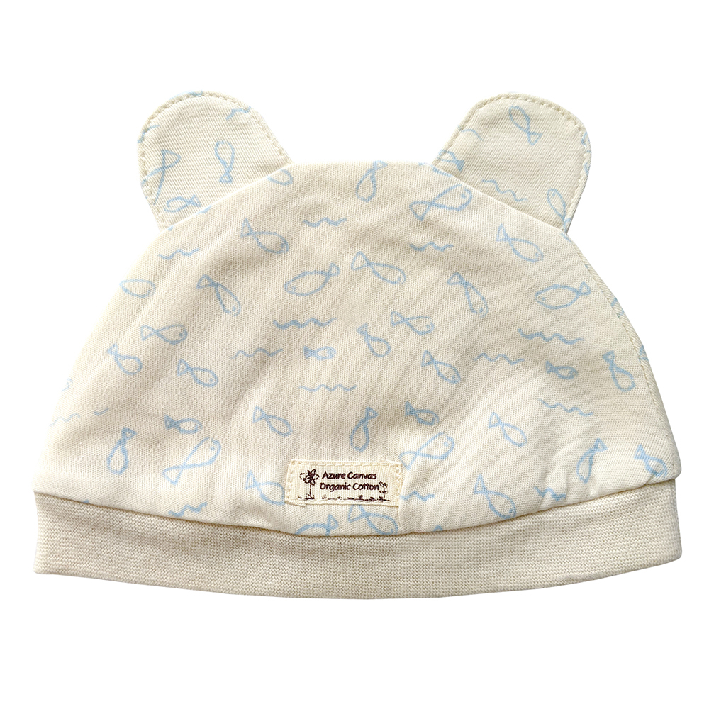 有機埃及棉嬰兒超柔小熊帽-淺藍魚NB | 藍天畫布有機棉