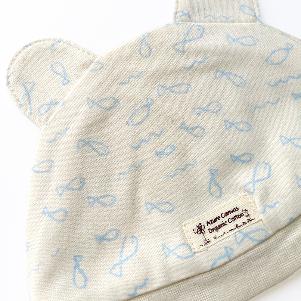 有機埃及棉嬰兒超柔小熊帽-淺藍魚NB | 藍天畫布有機棉