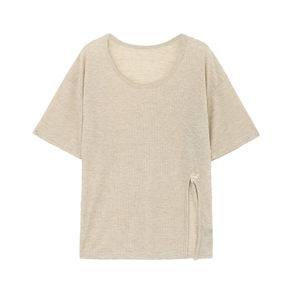 Round neck slit floral short-sleeved T-shirt