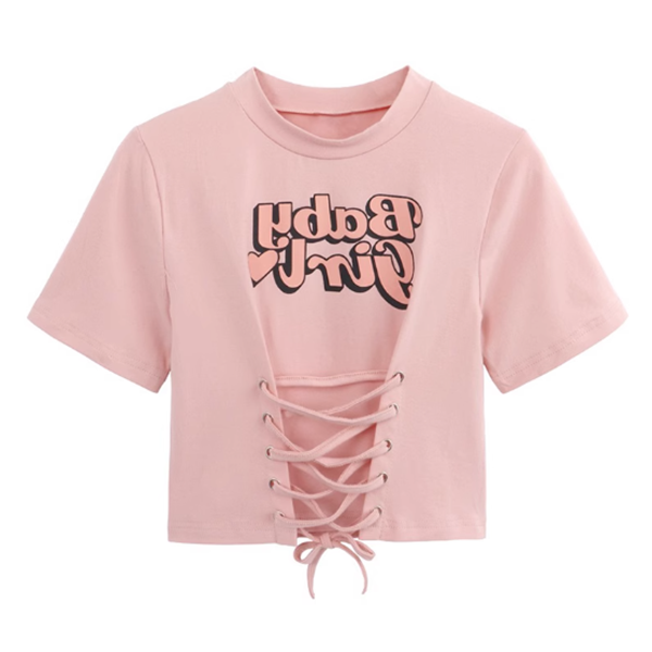 Strappy short-sleeved right shoulder T-shirt