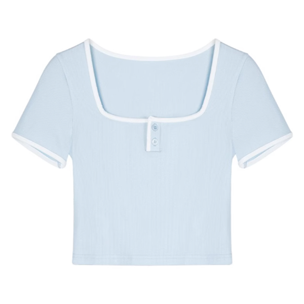 Contrast color square neck short-sleeved T-shirt