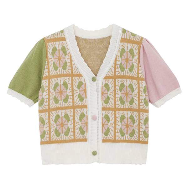 v-neck puff sleeve short jacquard colorblock sweater