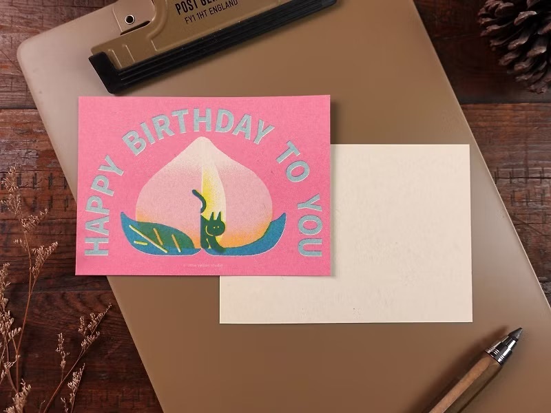 小黃間｜孔版印刷｜明信片｜貓咪壽桃