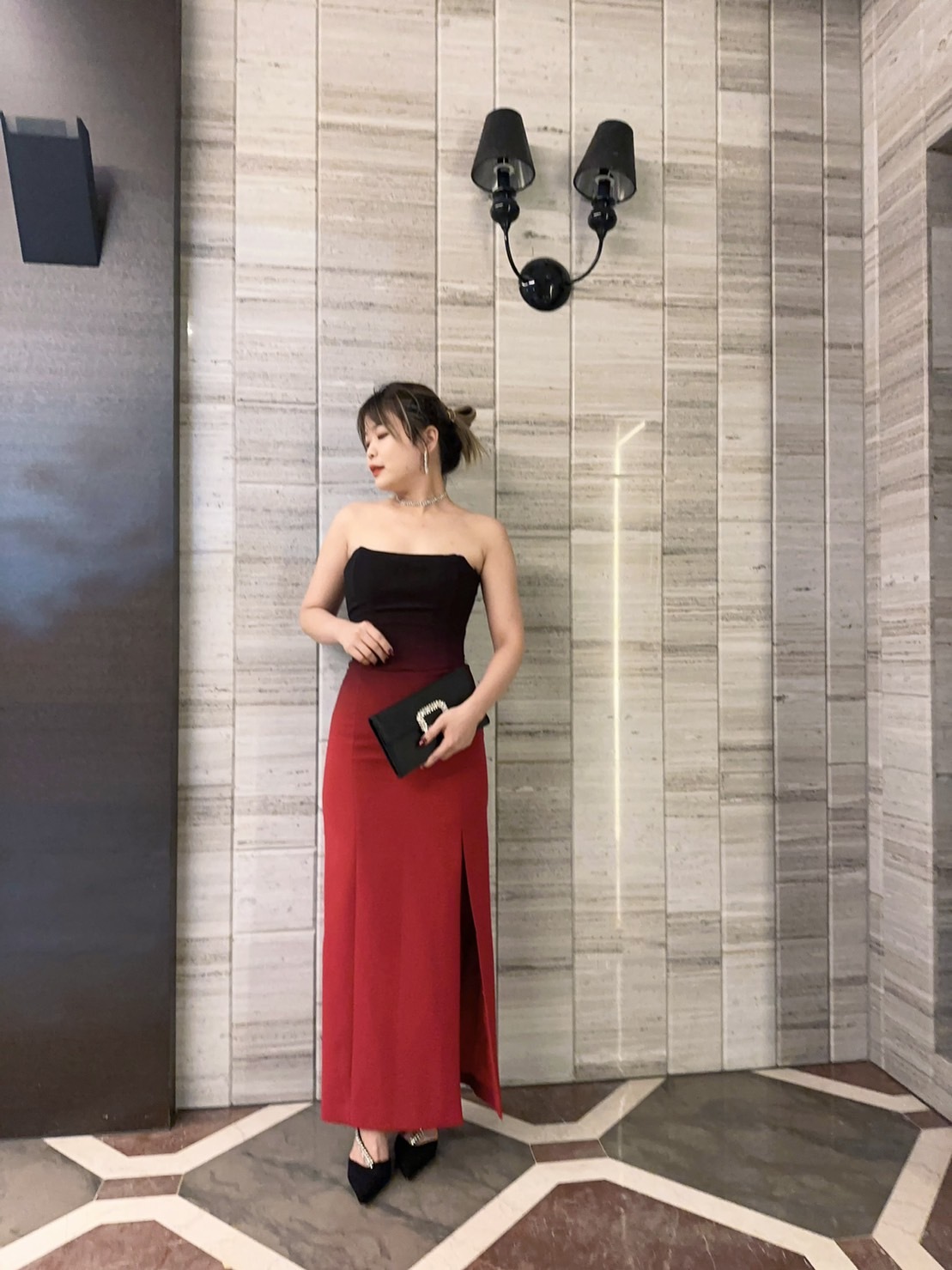 黑紅件層 馬甲式長洋裝