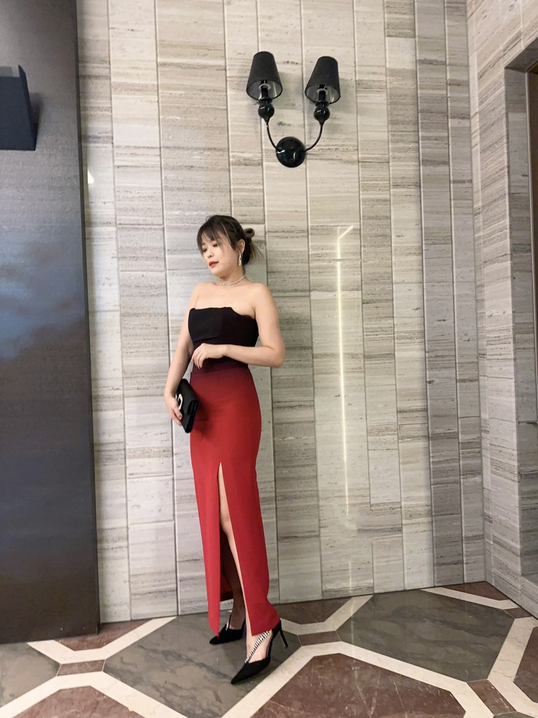 黑紅件層 馬甲式長洋裝