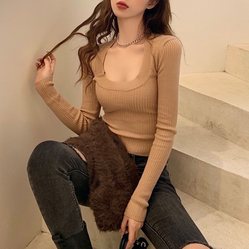 大U領和身針織上衣(黑/白/藍/杏/咖)