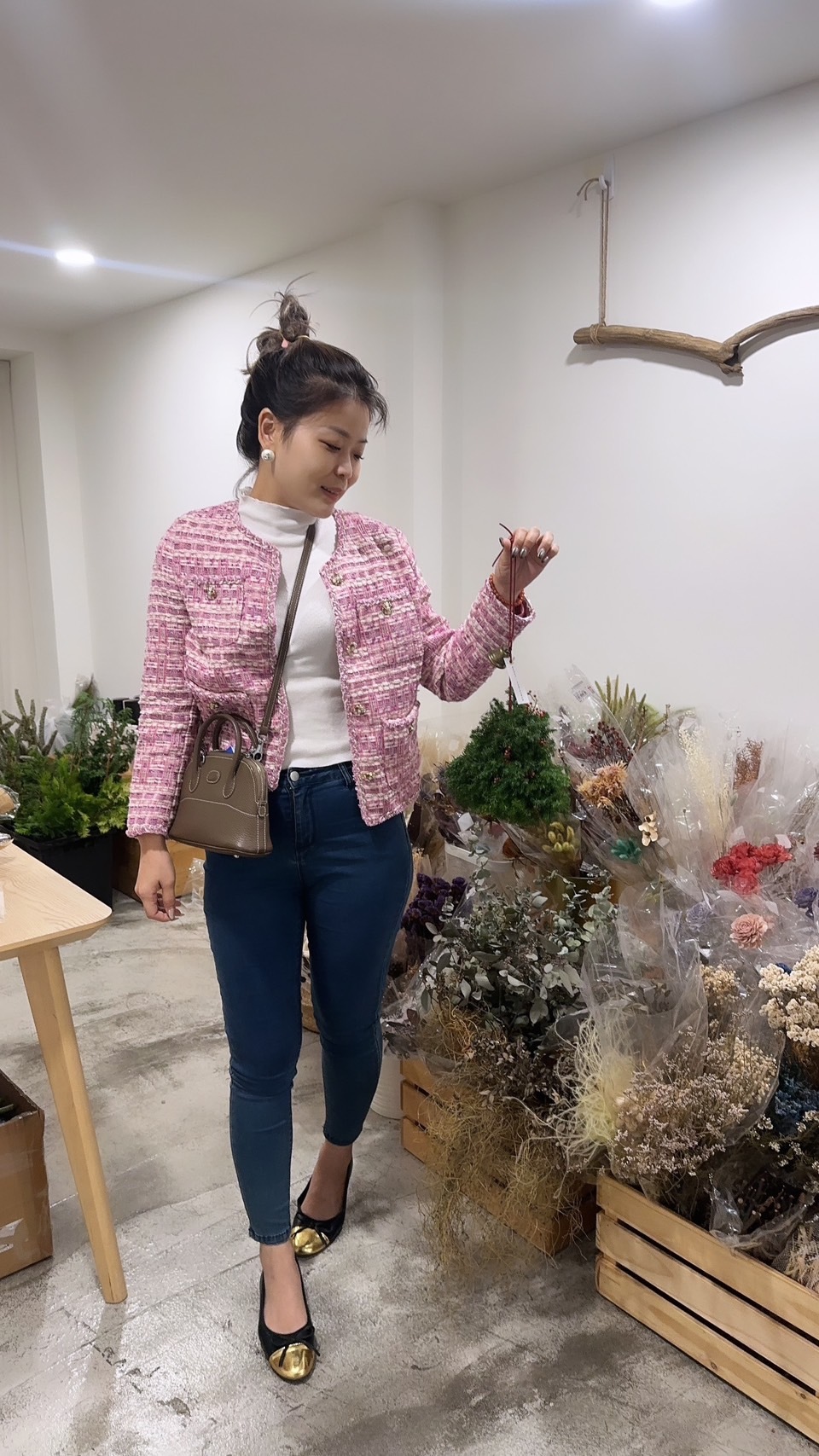 甜美粉調 粗花呢花釦外套