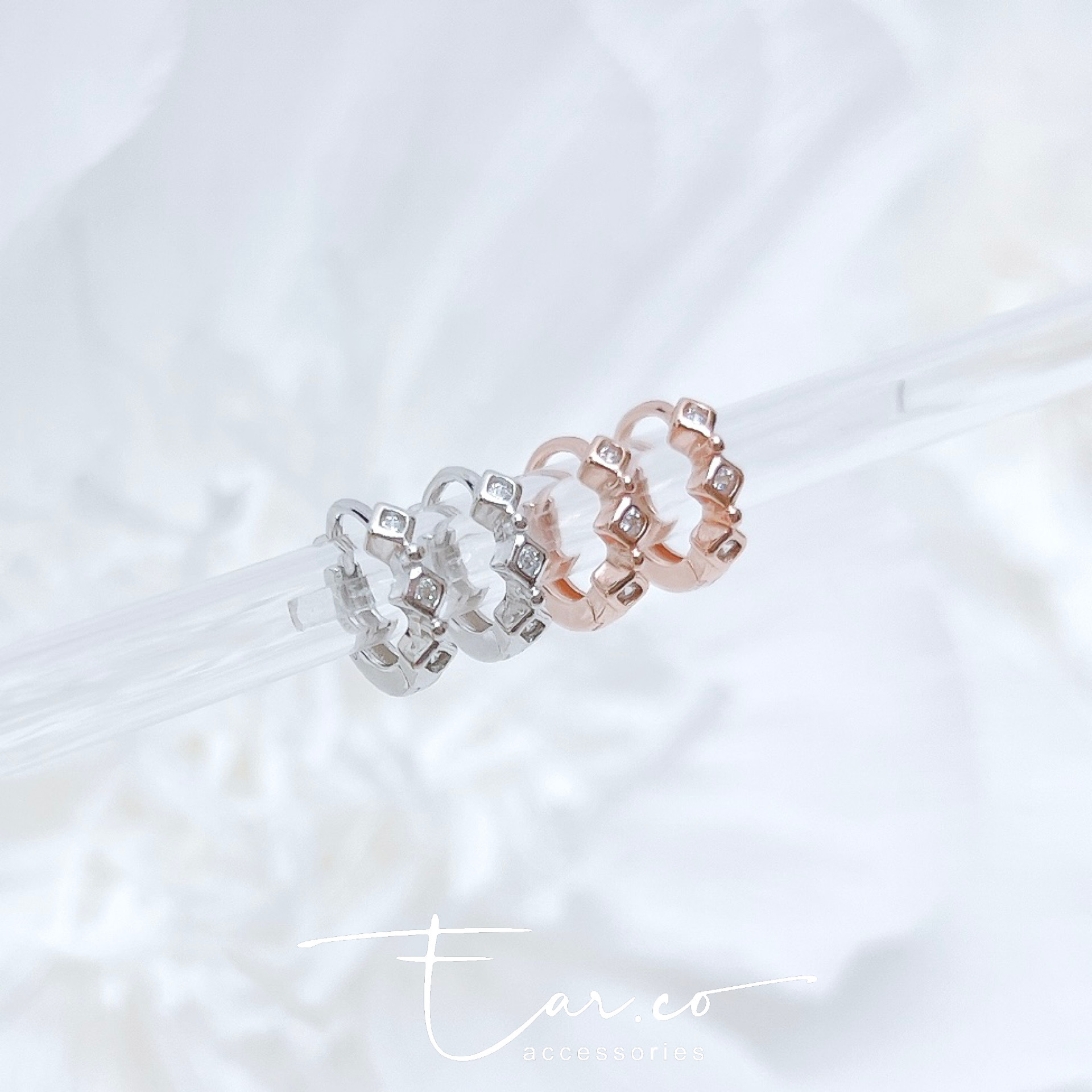 閃石包邊小菱形純銀小耳圈 [睡覺不用脫! ] #A971