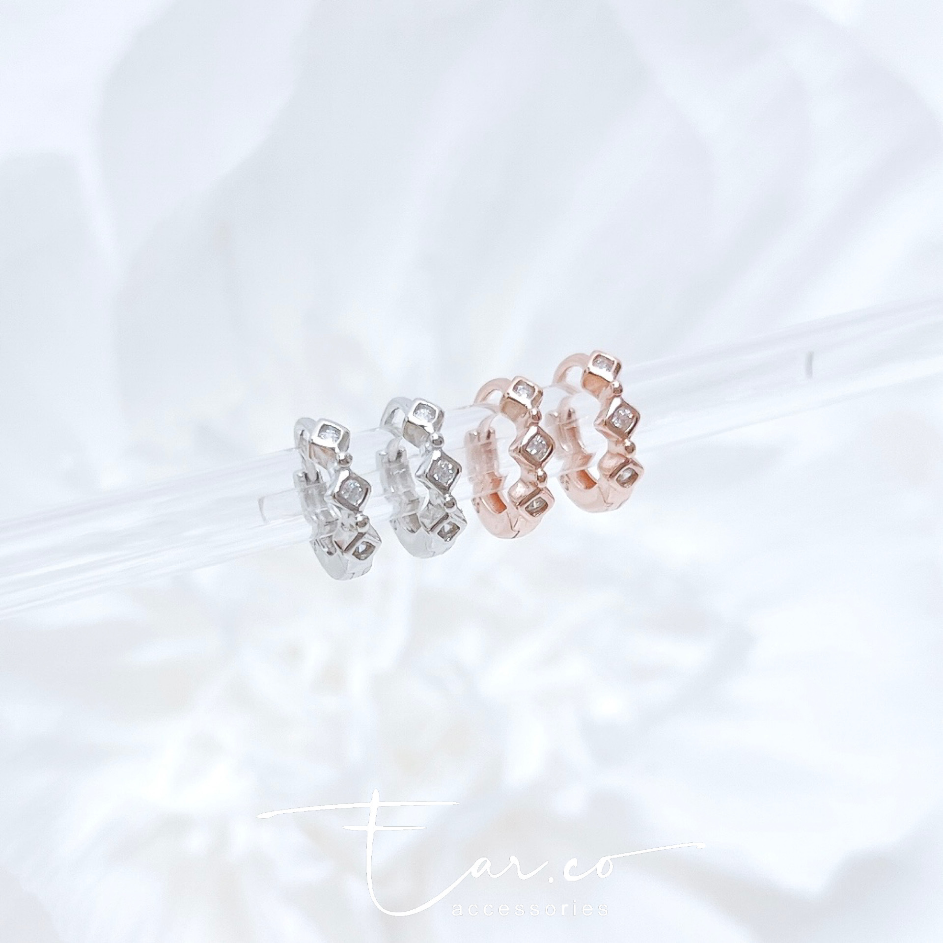 閃石包邊小菱形純銀小耳圈 [睡覺不用脫! ] #A971