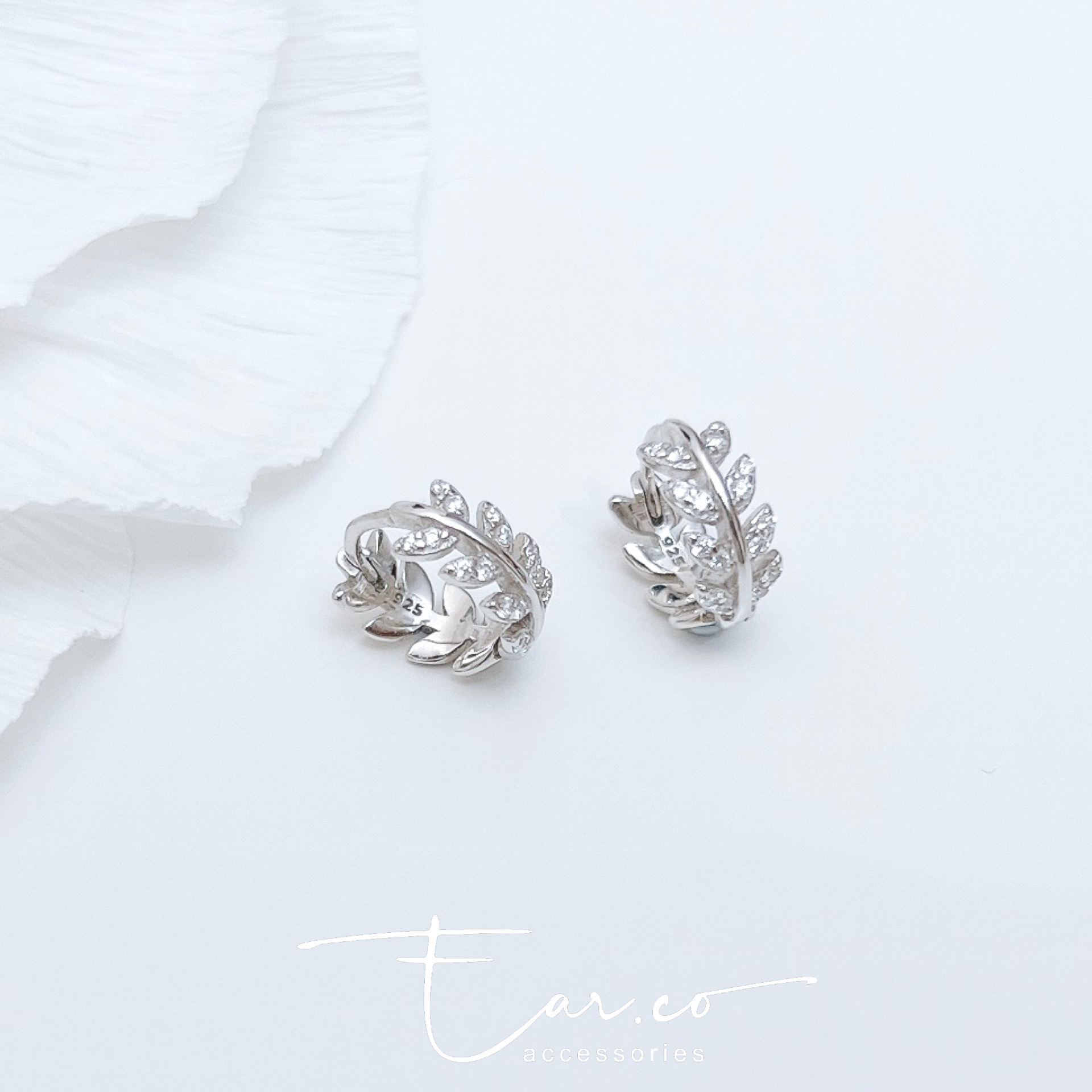 清新閃石樹葉純銀小耳圈 [睡覺不用脫! ] #A959