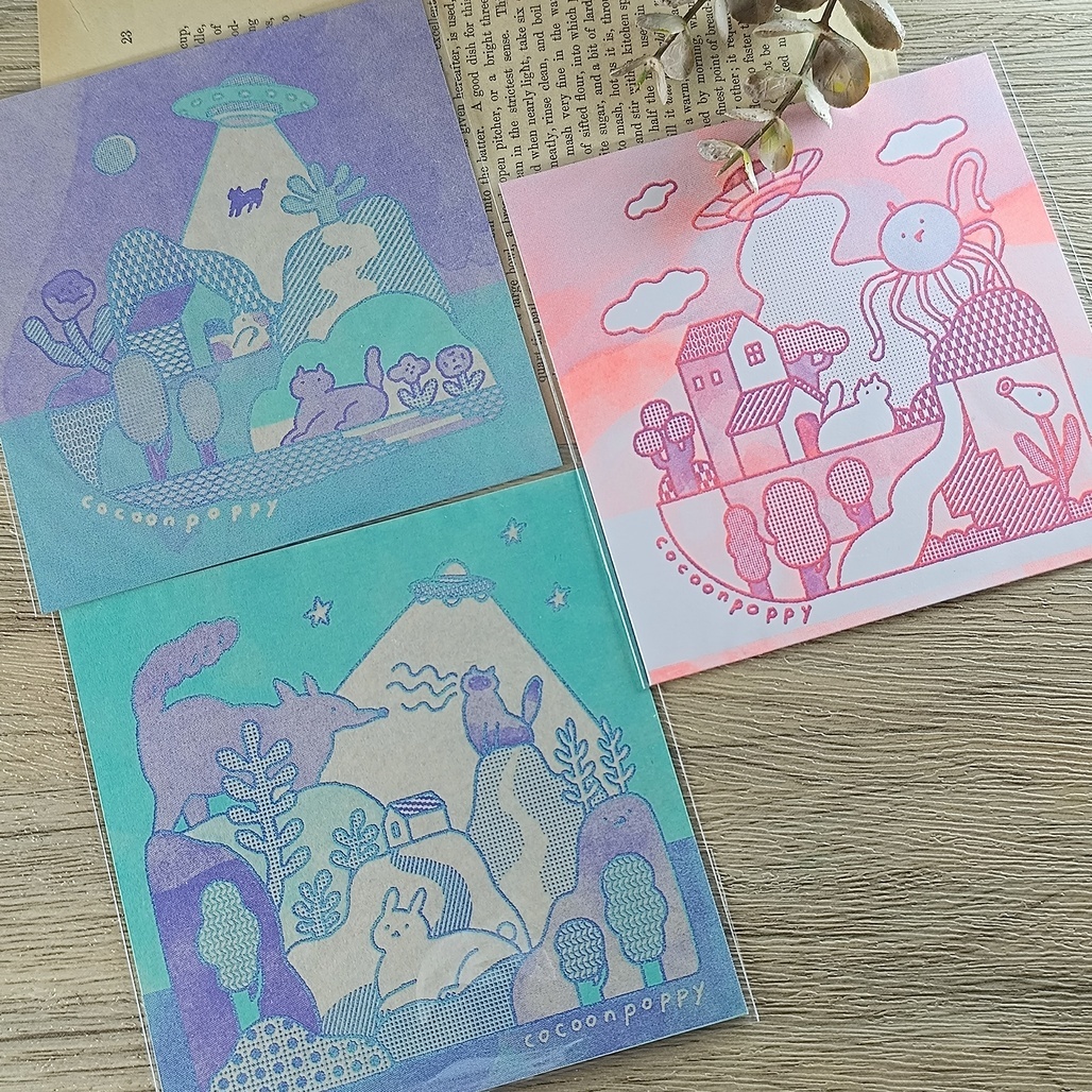 繭花．Riso 明信片 貓咪冒險中/貓咪捉迷藏/貓與外星人