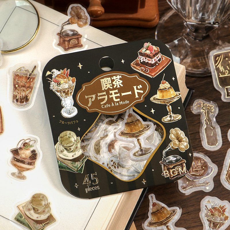 黃色_時髦咖啡館系列 45枚 箔押 和紙貼紙包｜日本 BGM