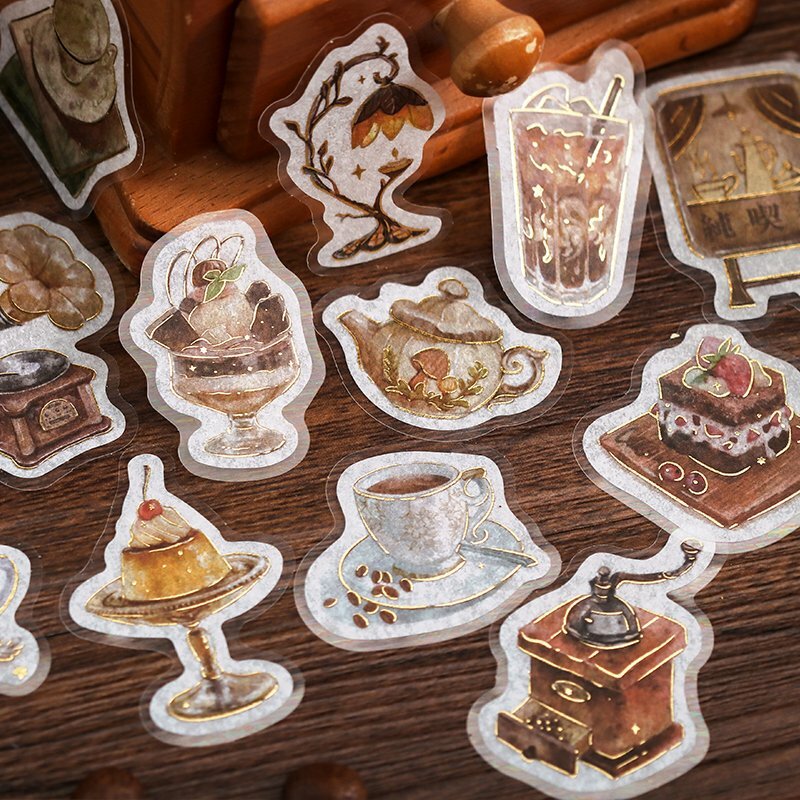 黃色_時髦咖啡館系列 45枚 箔押 和紙貼紙包｜日本 BGM