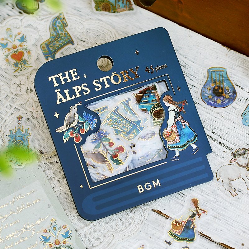 藍色_阿爾卑斯山故事系列 45枚 箔押 和紙貼紙包｜日本 BGM