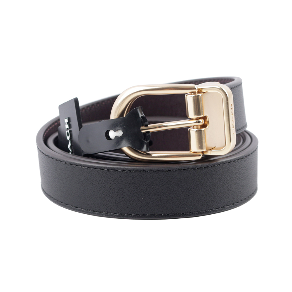 【COACH】經典金色釦頭小牛皮寬2.5cm 雙面可用皮帶(黑色/酒紅色) CF269 IMC1A