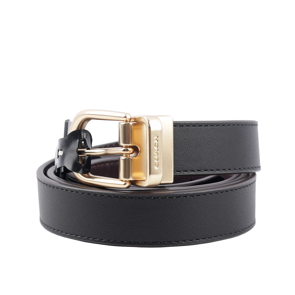 【COACH】經典金色釦頭小牛皮寬2.5cm 雙面可用皮帶(黑色/酒紅色) CF269 IMC1A