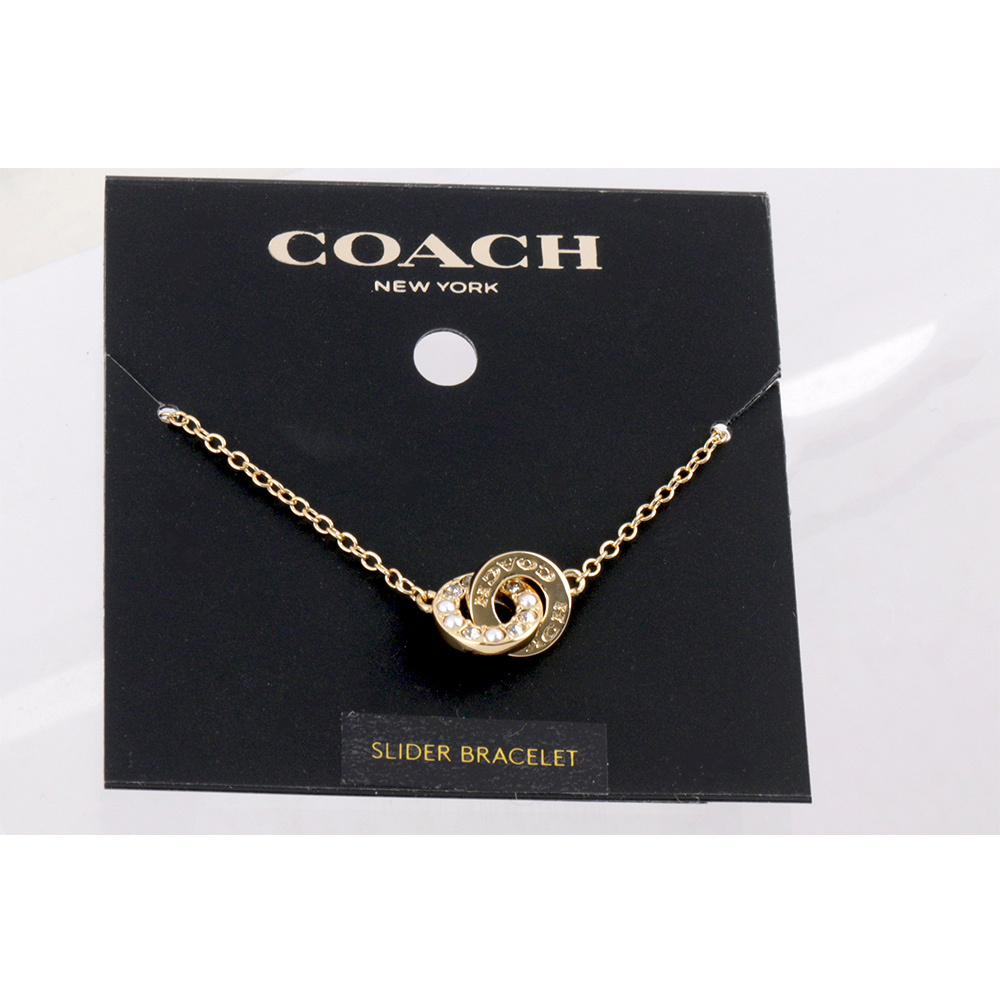 【COACH】水鑽及玻璃珍珠連扣圓圈可調式手鍊(金色) CO232 VP4