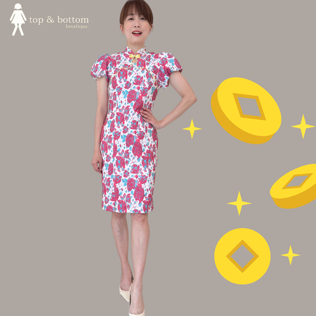 PUFF SLEEVE EMBROIDERED FLORAL CHEONGSAM DRESS