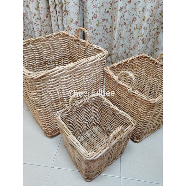 Beige Rattan Basket Picnic Storage Organizer Square