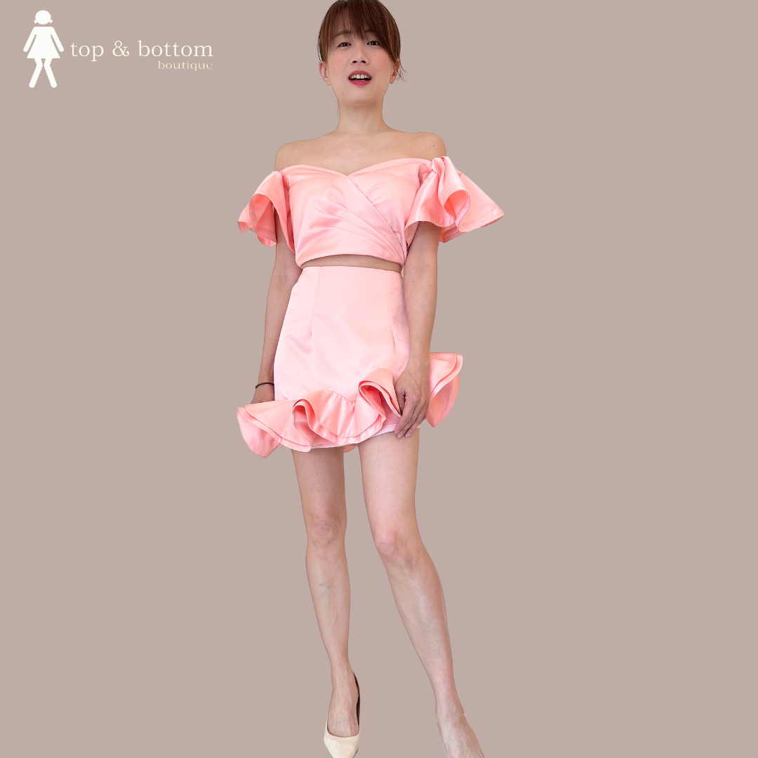 SOLID SATIN FRILLS OFF SHOULDER CROP TOP