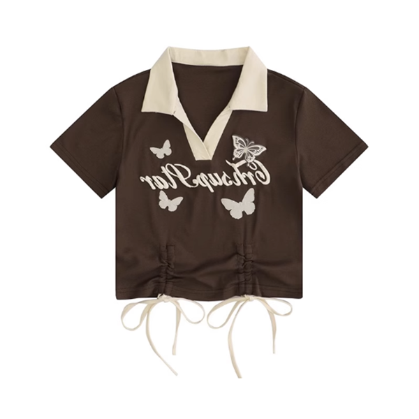 Lace-up smocked V-neck short-sleeved T-shirt