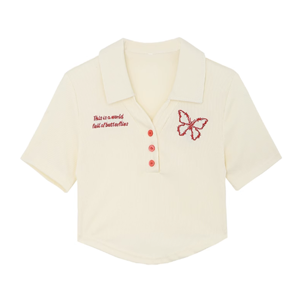 Embroidered short v-neck herringbone waist-baring short-sleeved T-shirt