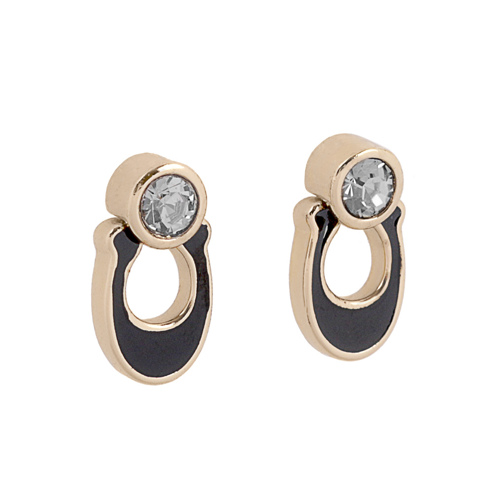 【COACH】琺瑯 C Logo及水鑽針式耳環(金色/黑色) CO237 GDBK