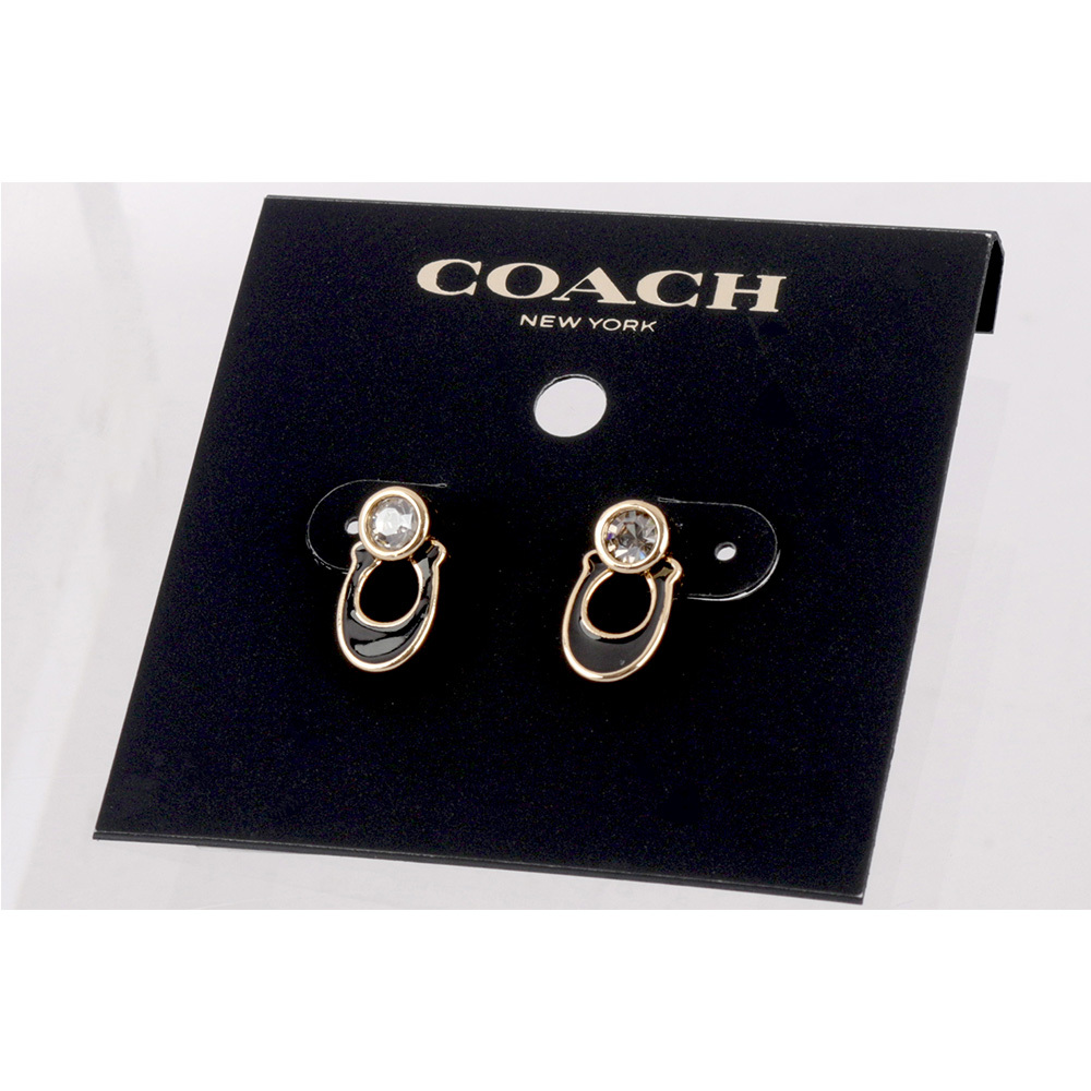 【COACH】琺瑯 C Logo及水鑽針式耳環(金色/黑色) CO237 GDBK