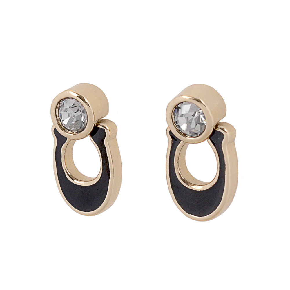 【COACH】琺瑯 C Logo及水鑽針式耳環(金色/黑色) CO237 GDBK