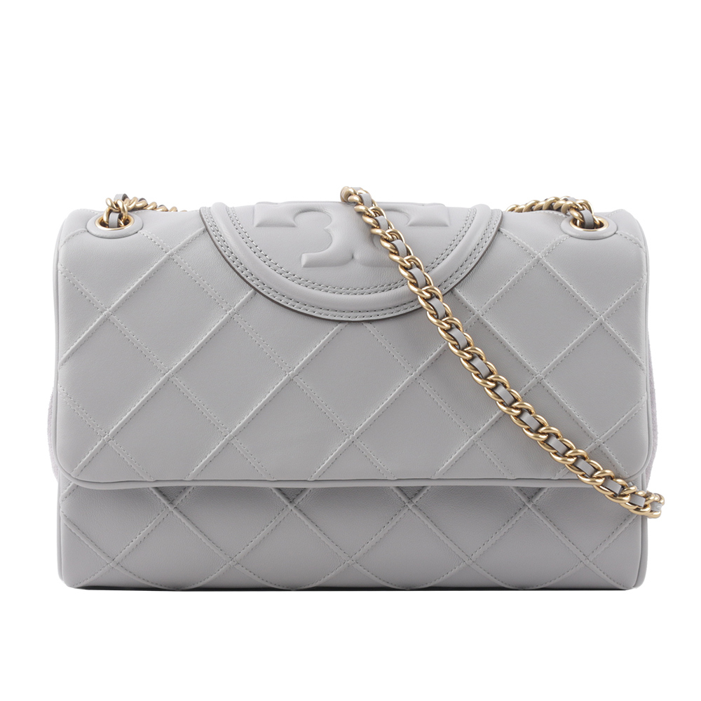 【Tory Burch】Fleming 縫線納帕皮革翻蓋二用包(海灣灰)