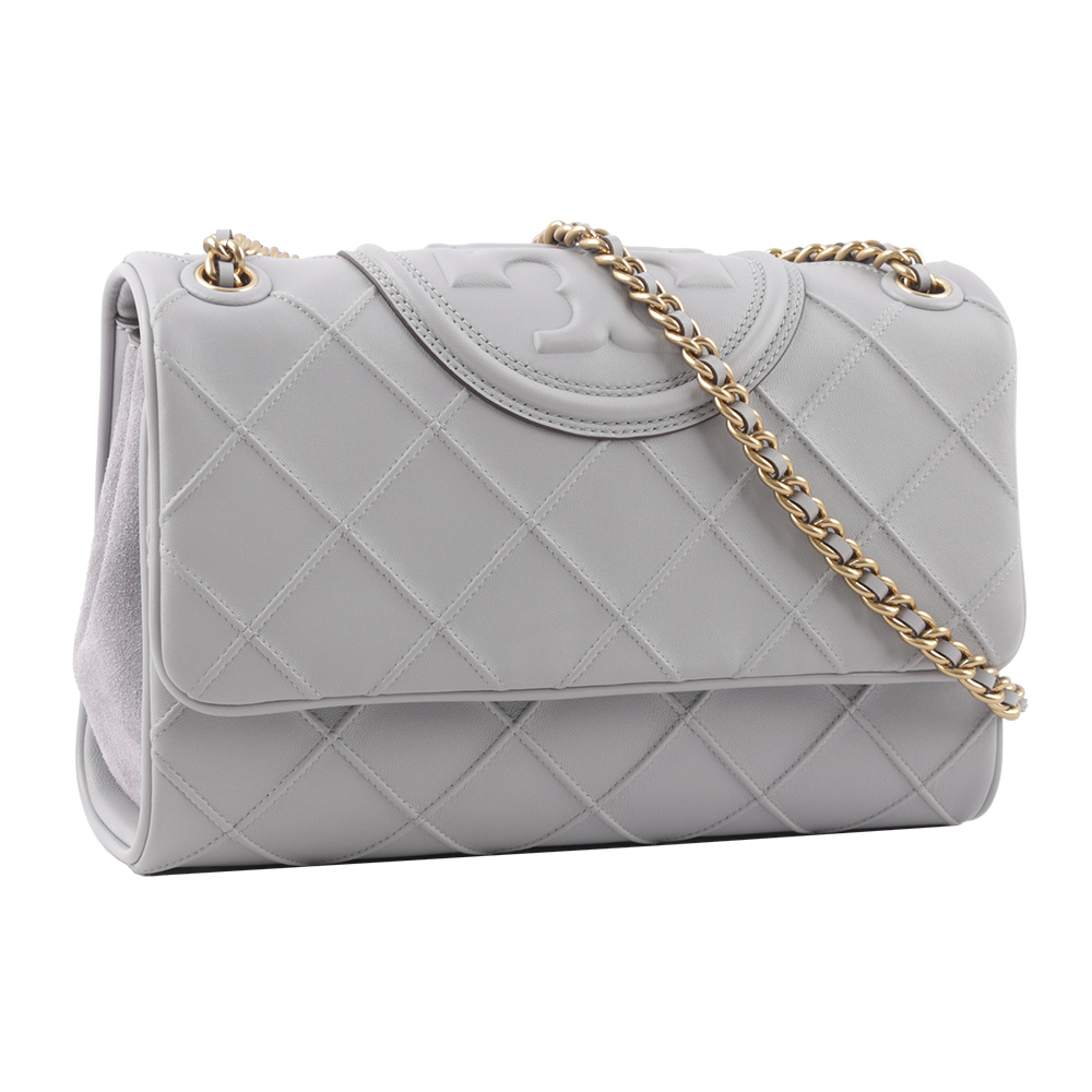 【Tory Burch】Fleming 縫線納帕皮革翻蓋二用包(海灣灰)