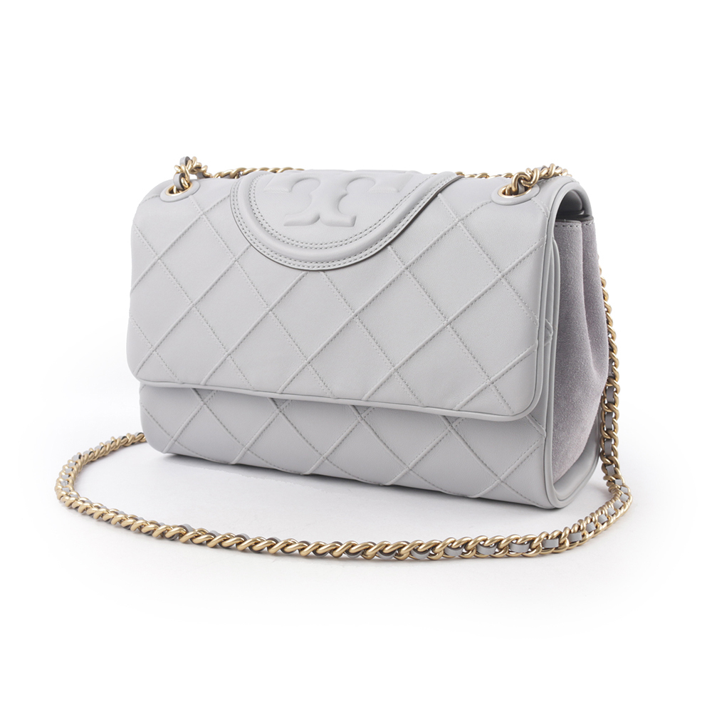 【TORY BURCH】Fleming 縫線納帕皮革翻蓋二用包(海灣灰) 137301 029