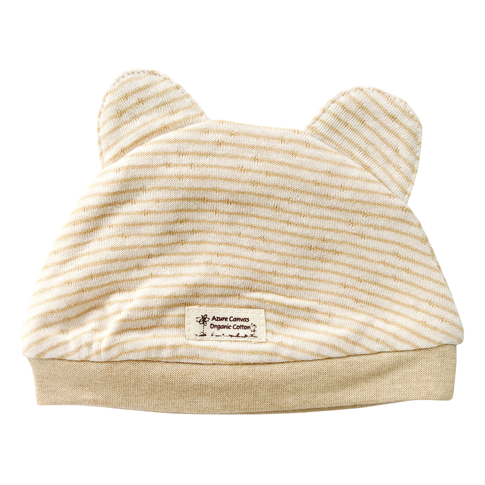 有機棉嬰兒雙層彩小熊帽-褐條NB | 藍天畫布有機棉