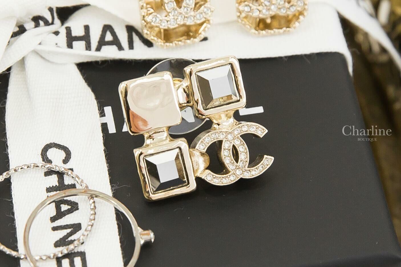 Chanel Earrings 金色水晶金屬方格水鑽CC不對稱方形耳環