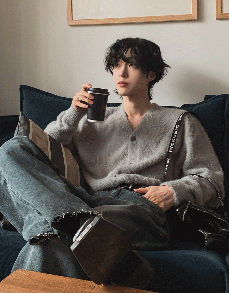 安哥拉馬海毛V領開襟外套