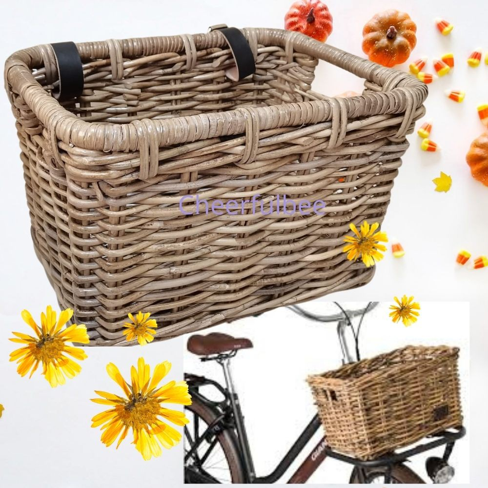 Solid Rattan Bike Storage Basket with Leather Straps