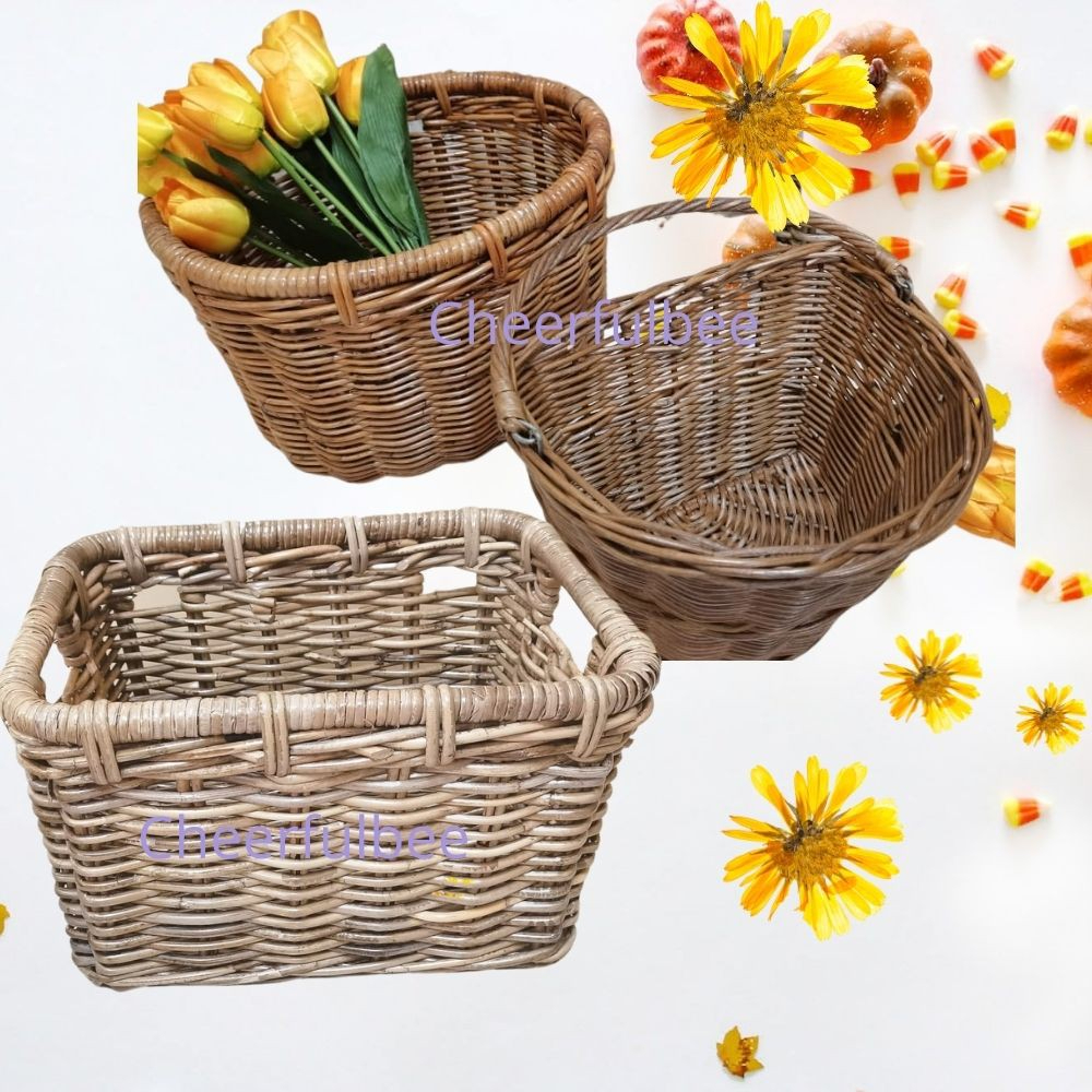 Solid Rattan Bike Storage Basket with Leather Straps