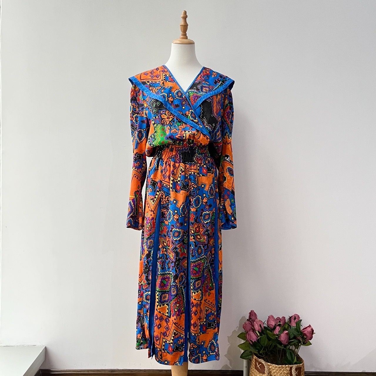 80s Diane Freis 香港製電子遊戲感長袖連身裙