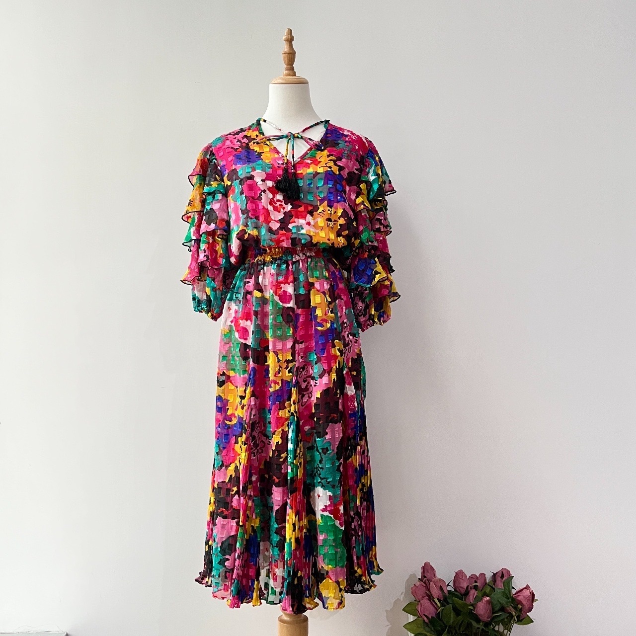 80s Japan Studio 彩虹色塊蛋糕手袖連身裙