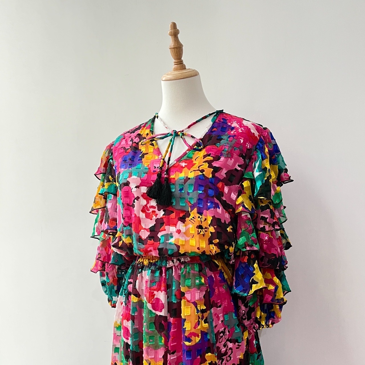 80s Japan Studio 彩虹色塊蛋糕手袖連身裙