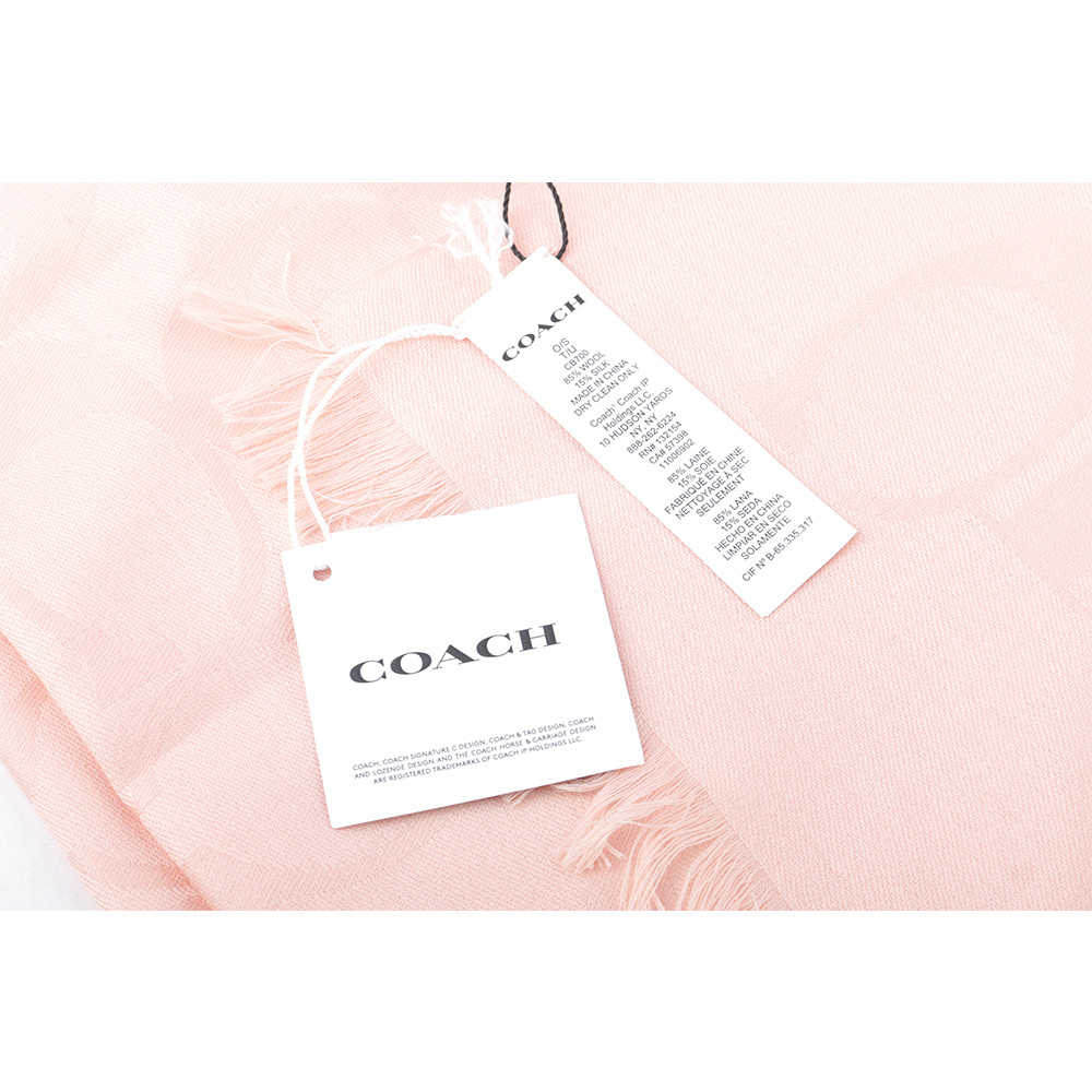 【COACH】滿版CC Logo 及素色羊毛混絲雙面可用圍巾(腮紅粉) CB700 EZM