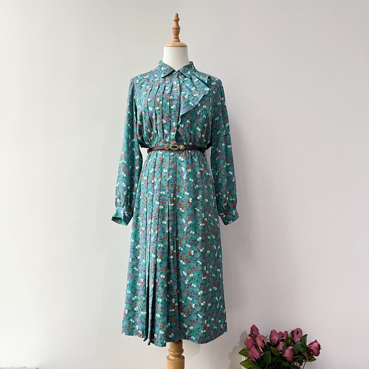 Remalon 孔雀藍綠色心形葉連身裙