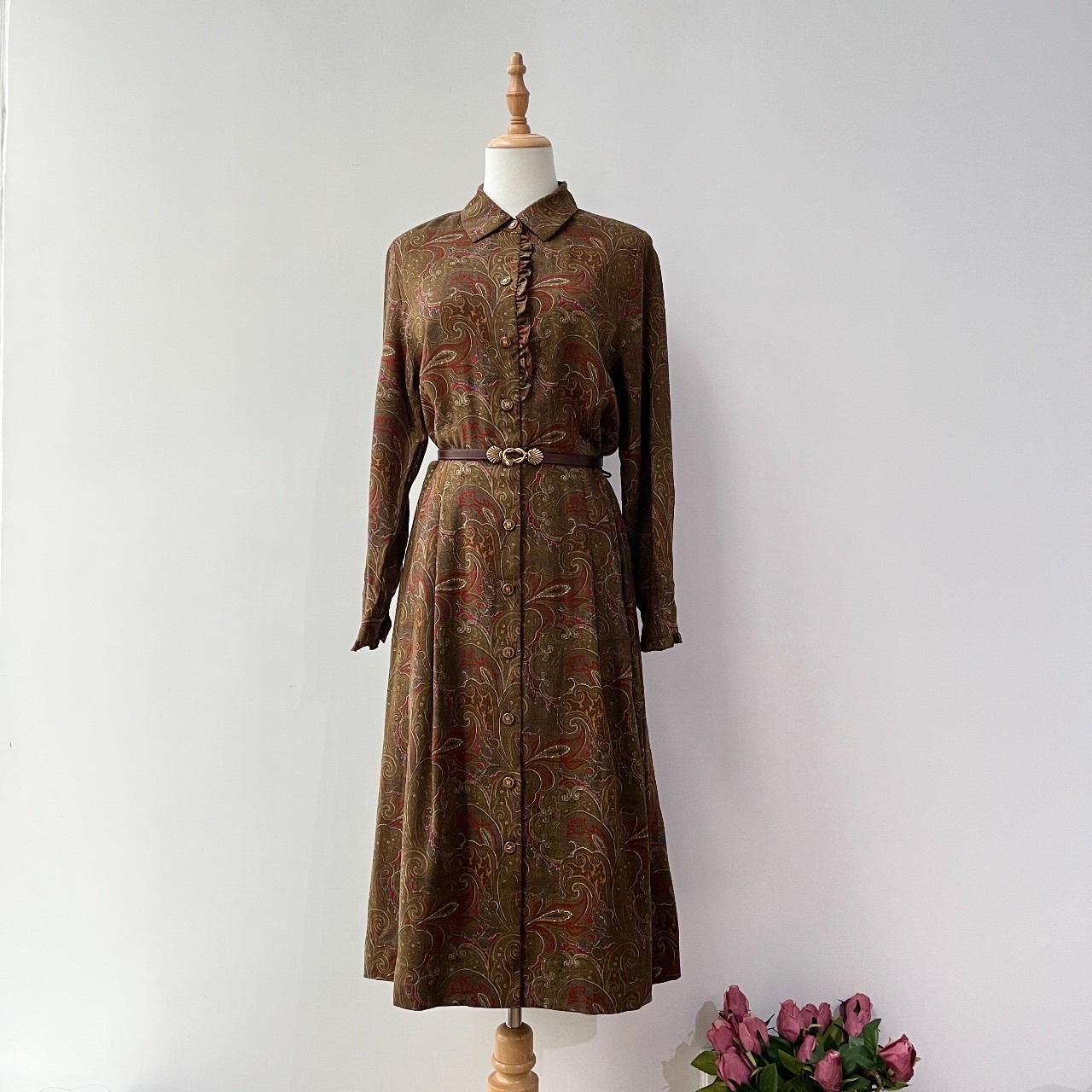 DAKS 復古茶啡色腰果花長袖連身裙